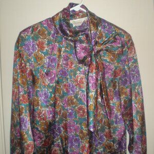 Women's Vintage Alexandria Floral Print Blouse with Bow Size 8